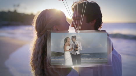 Balloons-carrying-screen-showing-newlywed-couple-on-beach