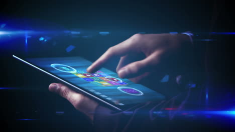 Geschäftsmann-Verwendet-Tablet-Zum-Anzeigen-Holografischer-Apps