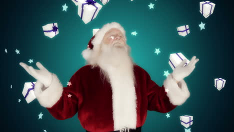 Santa-raising-hands-against-falling-christmas-gifts