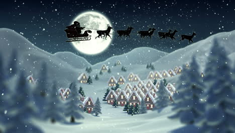 Weihnachtsmann-Fliegt-über-Süßes-Verschneites-Dorf