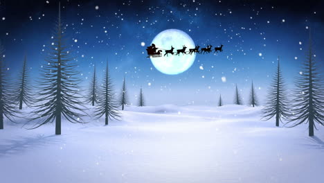 Santa-and-his-sleigh-flying-over-snowy-landscape-loopable