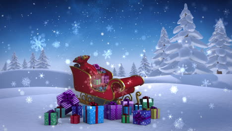 Santa-sled-full-of-gifts-in-snowy-landscape
