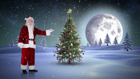 Santa-standing-in-the-north-pole-showing-christmas-tree