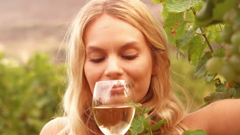 Smiling-blonde-smelling-wine-in-slow-motion