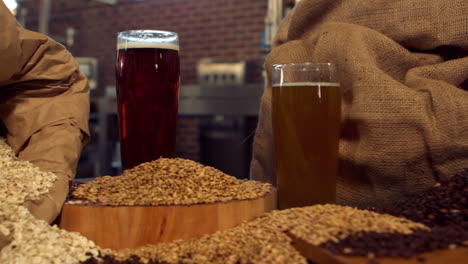 Panning-shot-of-beers-and-hop-grains