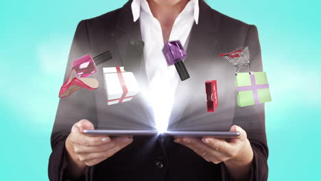 Mujer-Que-Presenta-El-Concepto-De-Compras-Electrónicas-Con-Tablet-PC-