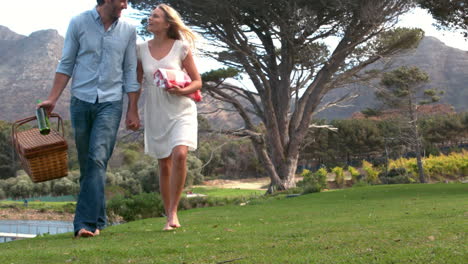 Pareja-Feliz-Caminando-Con-Cesta-De-Picnic-En-Cámara-Lenta