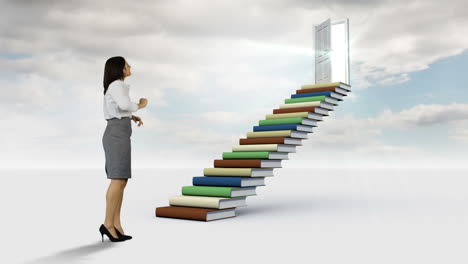 Businesswoman-looking-at-stair-made-of-books-in-the-cloudy-sky-