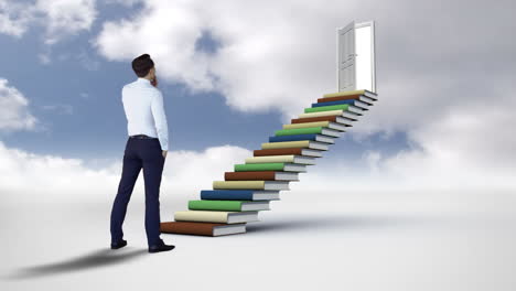Businessman-looking-at-stairs-made-of-books-with-an-opening-doors