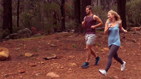 Couple-jogging-through-a-forest