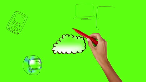 Hand-drawing-cloud-with-media-devices-on-green-screen