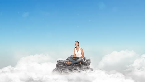 Beiläufige-Frau-Mit-Tablet-In-Den-Wolken