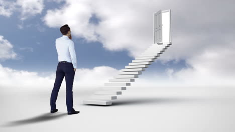 Businessman-looking-at-stair-with-an-opening-doors-in-the-cloudy-sky-