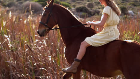 Hübsche-Frau-Auf-Einem-Pferd-Reiten