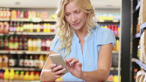 Smiling-blonde-shopping-and-using-smartphone