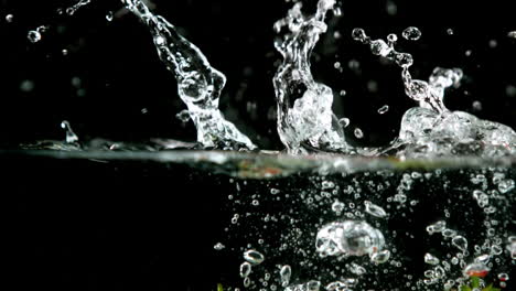 Strawberries-falling-in-water-on-black-background