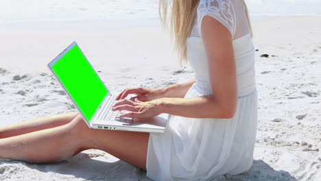 Pretty-blonde-woman-using-laptop-on-beach