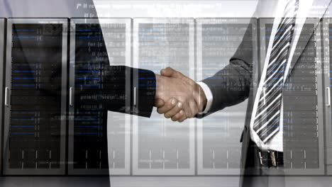 Business-workers-shaking-hand-with-server-tower-overlay