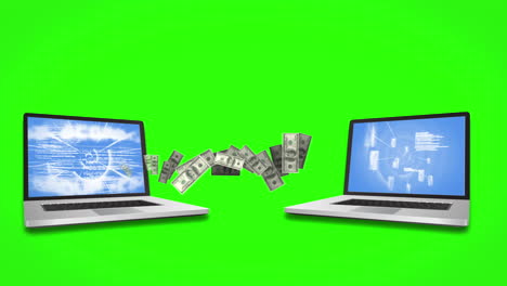 Geld-Kommt-Aus-Und-Ein-Von-Laptops-Auf-Grünem-Bildschirmhintergrund