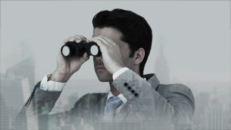 Businessman-looking-through-binoculars-against-city
