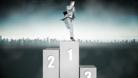 Businessman-jumping-on-first-step-with-city-on-background