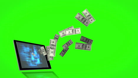 Money-coming-out-of-a-tablet-on-green-screen-background