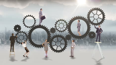 Business-people-running-and-turning-cogs