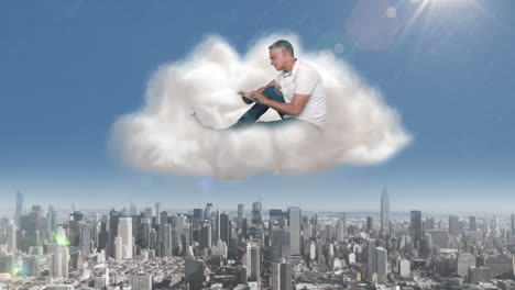 Casual-man-using-tablet-in-cloud-over-city