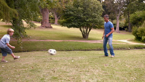 Glücklicher-Vater-Mit-Seinem-Sohn,-Der-Zusammen-Fußball-Spielt