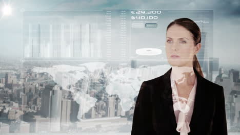 Businesswoman-touching-futuristic-interface-with-city-on-background
