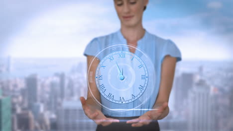 Businesswoman-holding-virtual-alarm-clock