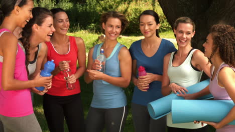 Fitness-group-chatting-in-park