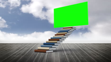 Green-screen-with-stair-made-of-books-on-a-wood-ground-