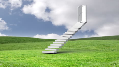 Stair-with-an-opening-door-on-a-green-commun-field-