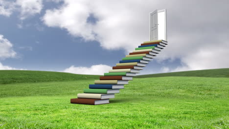 Stair-made-of-books-with-an-opening-door-on-a-green-commun-field-