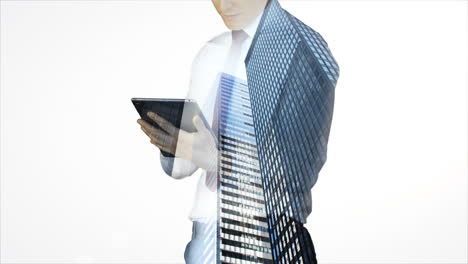 Businessman-using-tablet-with-cityscape-overlay