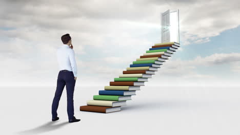 Businessman-looking-at-stair-made-of-books-in-the-cloudy-sky-
