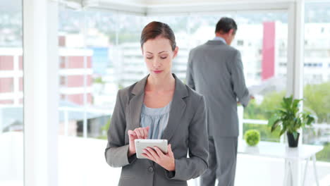 Businesswoman-using-tablet-computer-with-her-colleagues-behind-