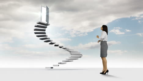 Businesswoman-looking-at-steps-with-an-opening-doors-in-the-sky-