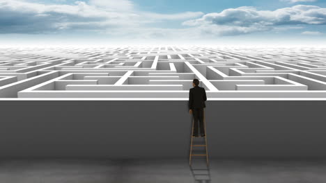 Businessman-on-ladder-looking-at-maze