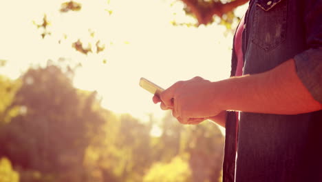 Close-up-of-man-using-his-smartphone-in-the-park