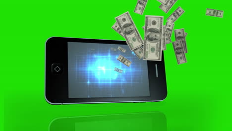 Geld-Kommt-Aus-Einem-Smartphone-Auf-Grünem-Bildschirmhintergrund