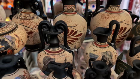 Beautiful-Greek-style-vases-in-souvenir-market-of-store,-motion-view