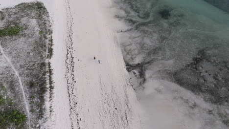 Birds-view-of-two-tourists-walking-on-the-sandy-beach-in-Zanzibar-during-low-tide