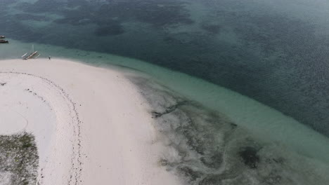 Drone-view-revealing-a-wonderful-panorama,-zanzibar-sandy-beach-and-clear-ocean,-Tanzania
