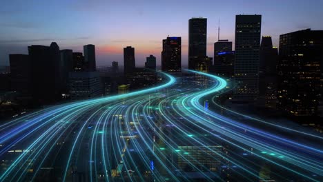 American-city-at-dusk-with-curving-light-trails,-glowing-blue-digital-connectivity-lines-animation