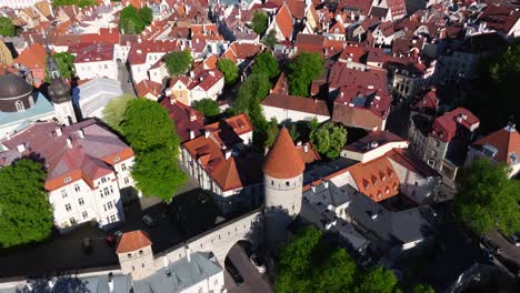 Monastery-Gate-in-Tallinn,-Estonia---Beautiful-Establishing-Drone-Shot
