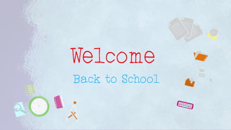 Animation-Des-Willkommenstextes-Zurück-Zur-Schule-Mit-Symbolen-Für-Schulgegenstände-Auf-Blauem-Hintergrund