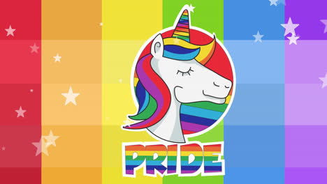 Animación-Del-Texto-Orgullo-Lgbtq,-Unicornio-Y-Estrellas-Cayendo-Sobre-El-Fondo-Del-Arco-Iris