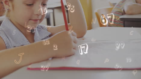Animation-Von-Zahlen-über-Kaukasischen-Schulmädchen,-Die-Im-Unterricht-Schreiben